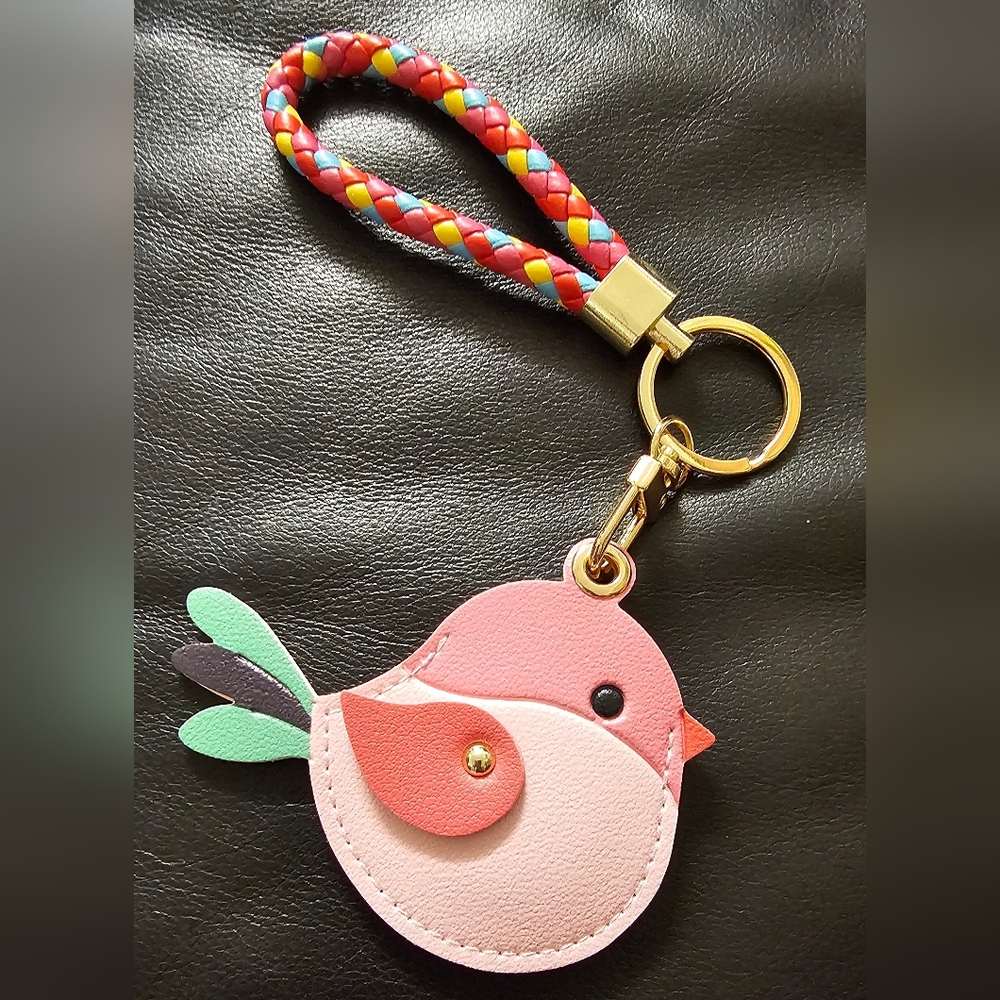 Colorful Pink Bird Vegan Leather Air Tag Holder Keychain with Braided Strap NWOT